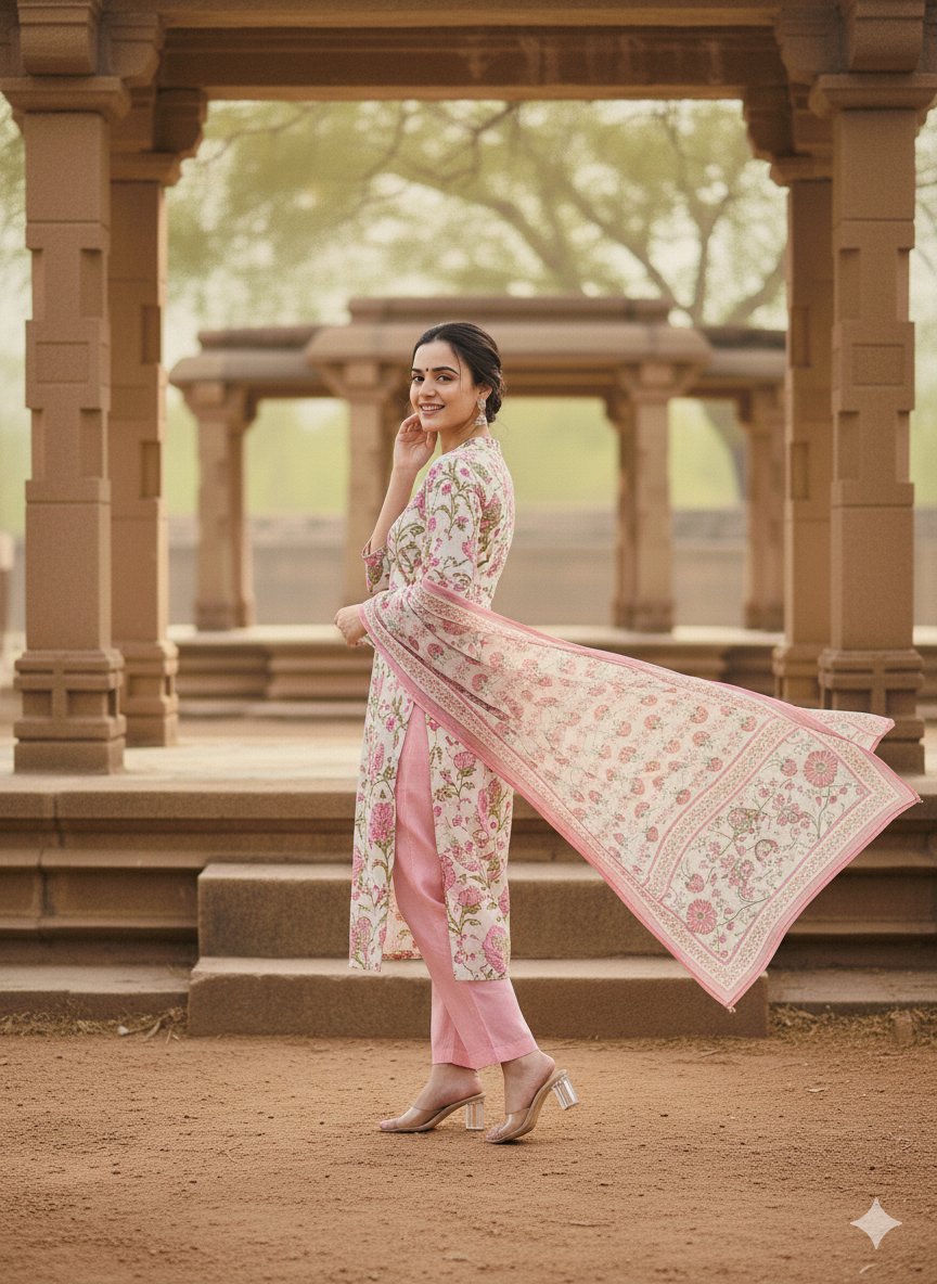 Pastel Pink Ethnic Wear – Printed Kurta Pant Set
