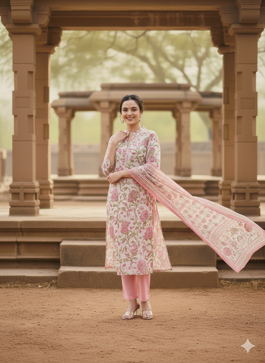 Pastel Pink Ethnic Wear – Printed Kurta Pant Set