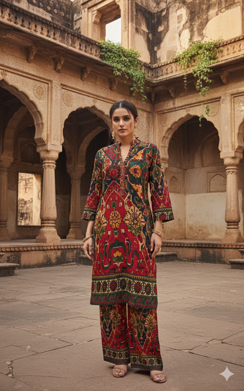 Rust Red & Black Ethnic Printed Kurta Pant Set