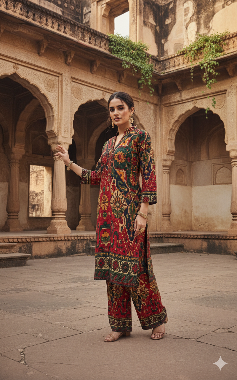 Rust Red & Black Ethnic Printed Kurta Pant Set