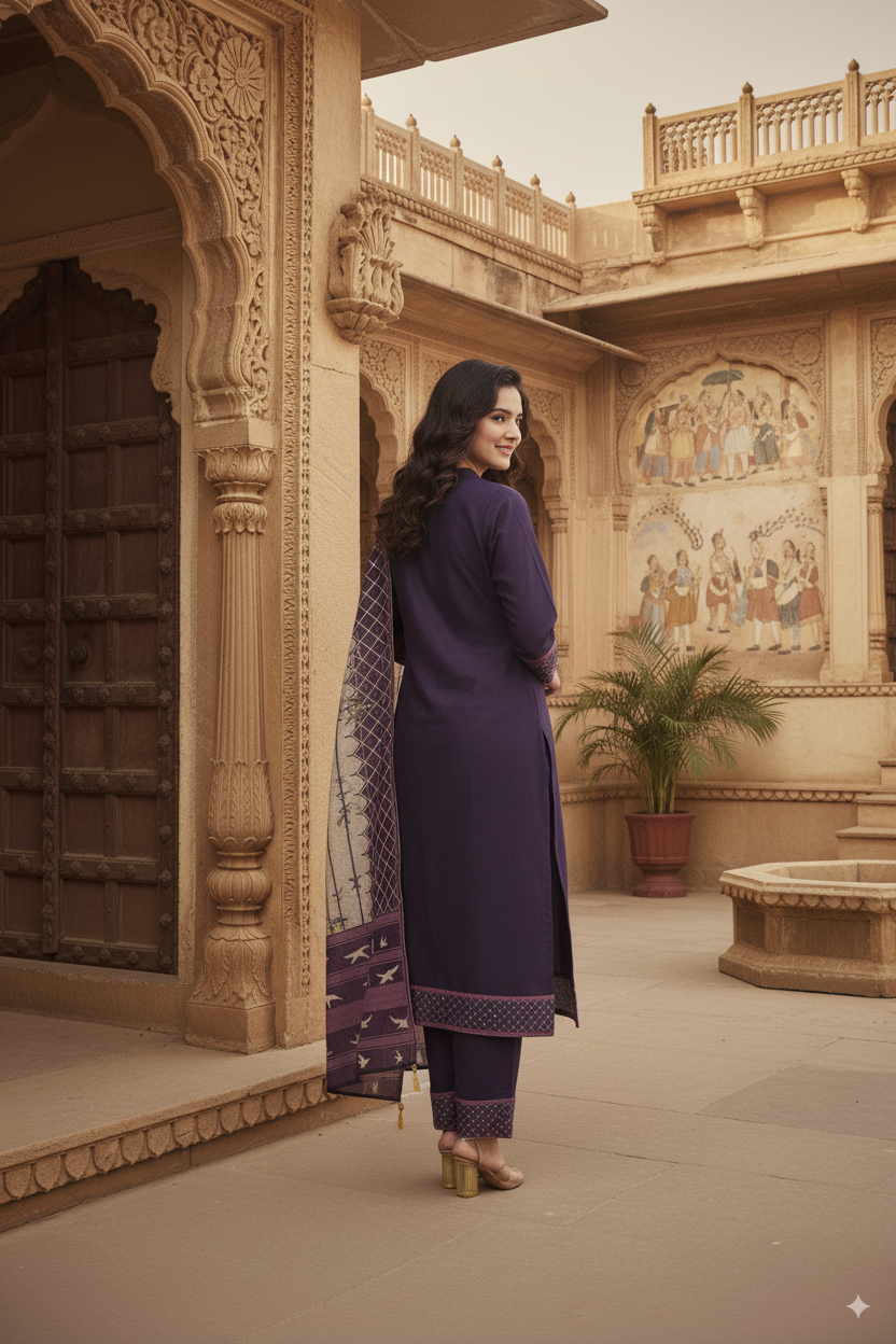 Purple Embroidered Cotton Suit Set with Printed Dupatta