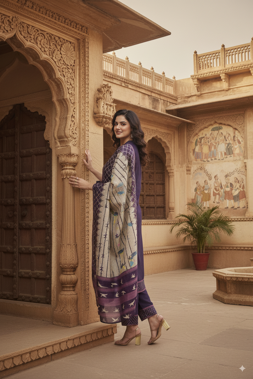 Purple Embroidered Cotton Suit Set with Printed Dupatta