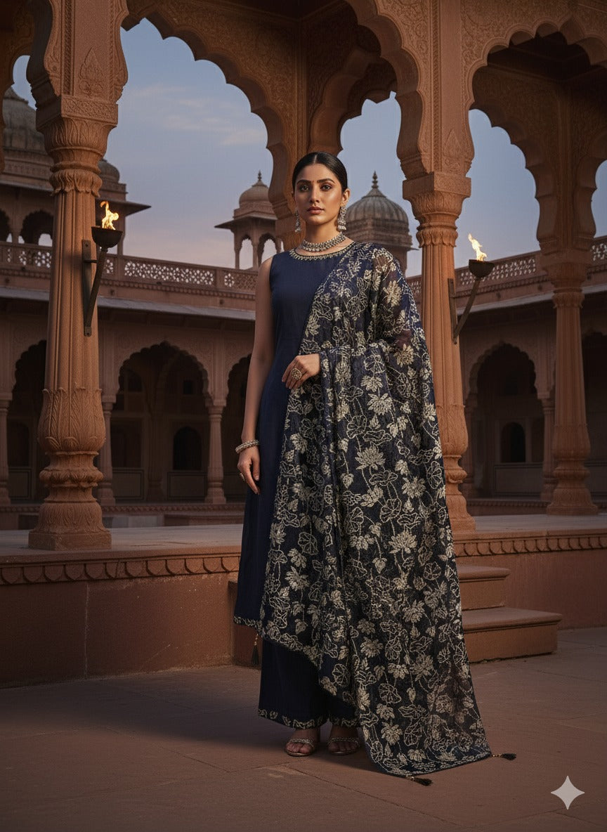 Navy Blue Embroidered Kurta Set with Dupatta