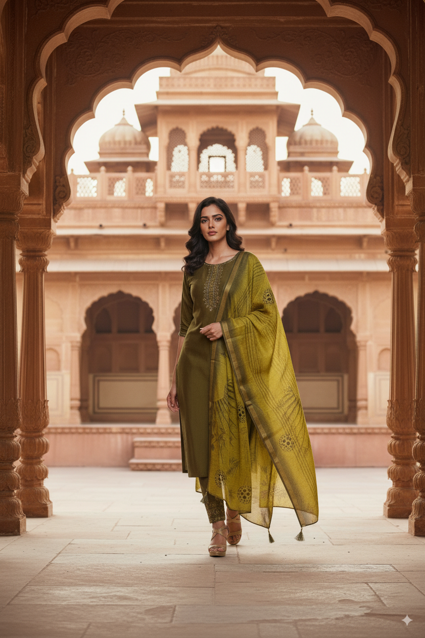 Olive Green Silk Embroidered Kurta Set with Dupatta