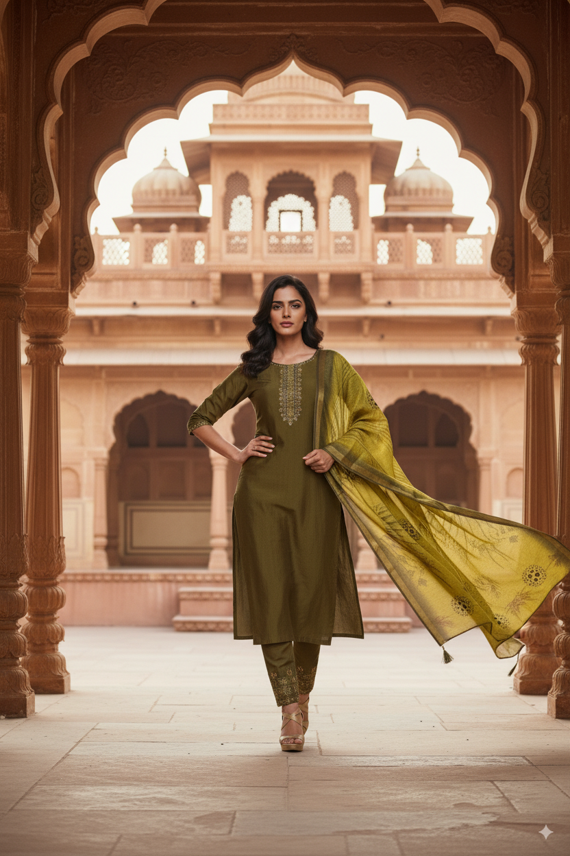 Olive Green Silk Embroidered Kurta Set with Dupatta