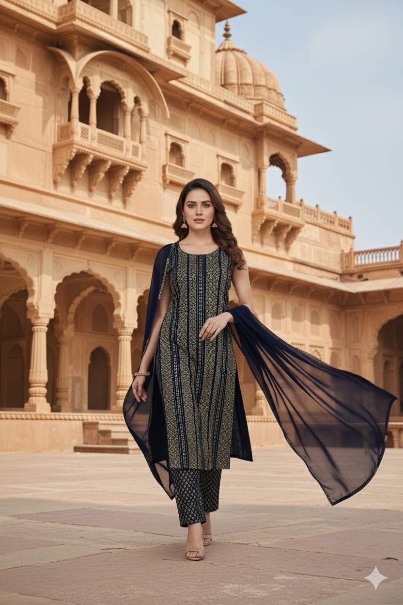 Navy Blue Printed Kurta Set with Dupatta