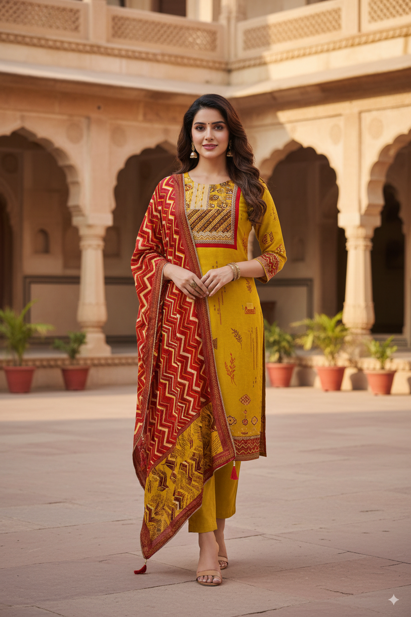 Mustard Yellow Printed Kurta Set with Red Dupatta