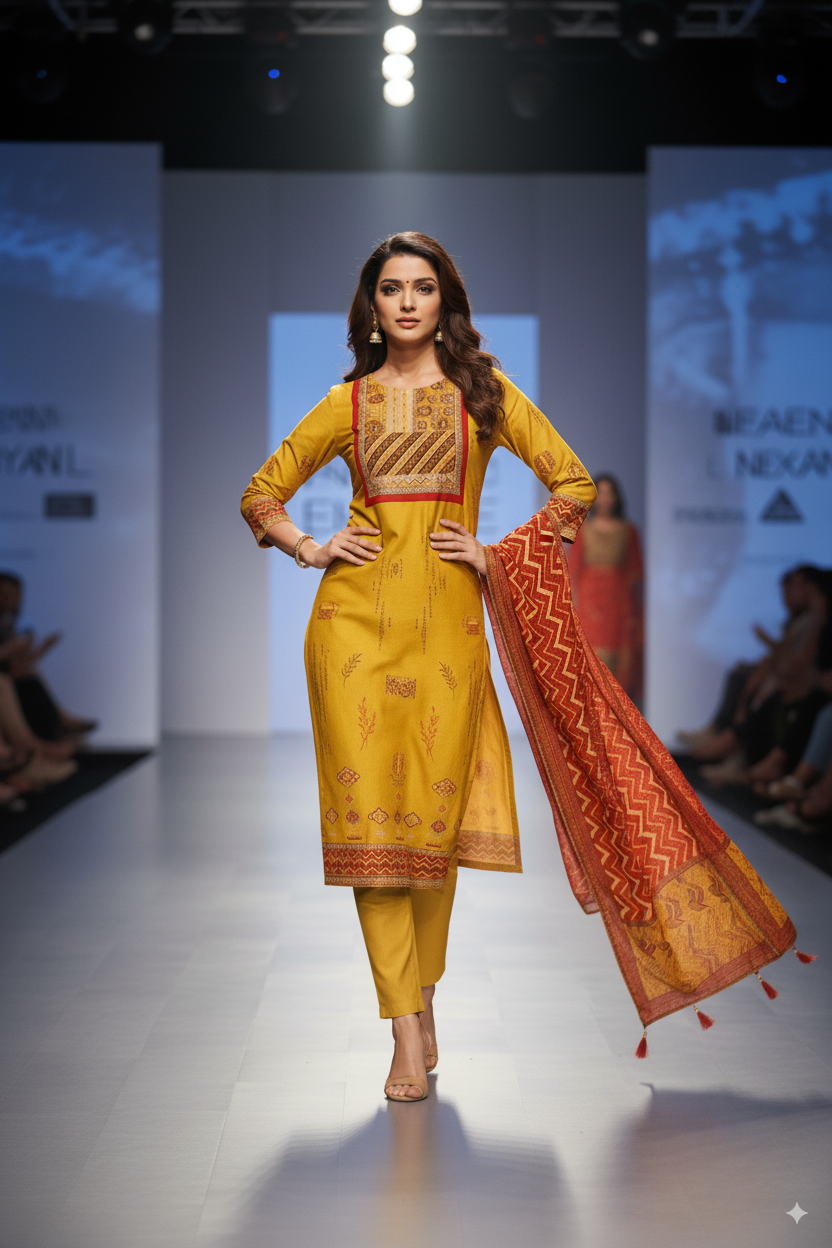 Mustard Yellow Printed Kurta Set with Red Dupatta