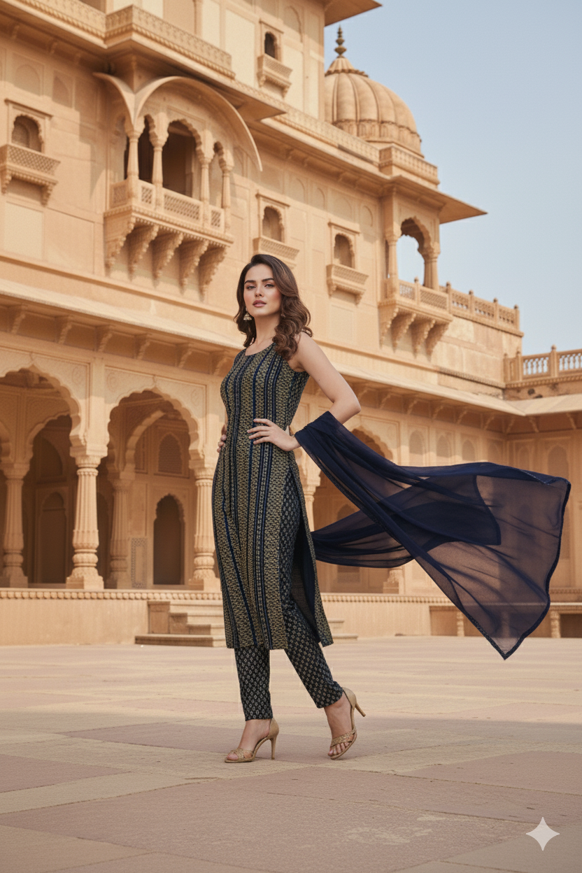 Navy Blue Printed Kurta Set with Dupatta