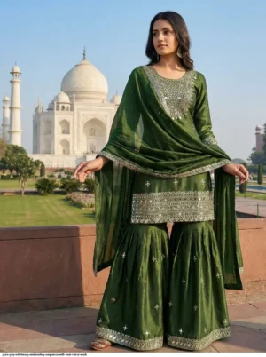 Luxury Garara Suit Set in Pure GMY Silk with Heavy Sequence Embroidery & Real Mirror Work