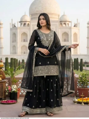 Designer Festive Wear Garara Set in Pure GMY Silk with Real Mirror & Heavy Embroidery Work