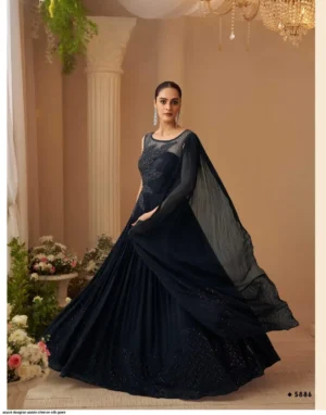 Indo-Western Premium Chinon Silk Embroidered Gown with Front & Back Handwork and Cancan Detailing