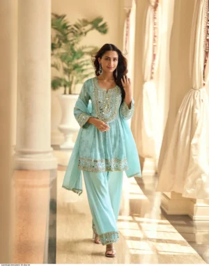 Premium Silk Palazzo Suit Set with Original Hand Mirror Embroidery