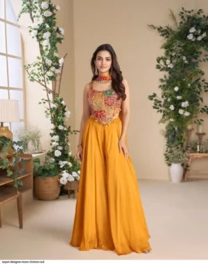 Women’s Premium Chinnon Indo-Western Palazzo Set with Embroidered Blouse