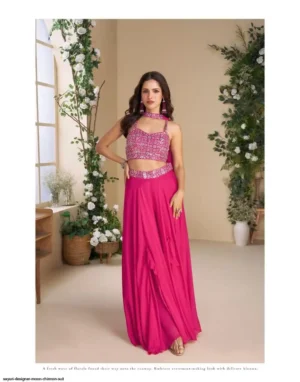 Designer Indo-Western Premium Real Chinnon & Real Georgette Palazzo Set with Hand & Bead Work Embroidered Blouse and Dupatta
