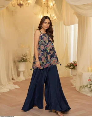 Latest Designer Indo-Western Premium Viscose Natural Crepe Top with Palazzo & Blouse Set