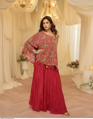 Designer Indo-Western Premium Viscose Natural Crepe Embroidered Top with Palazzo & Blouse Set