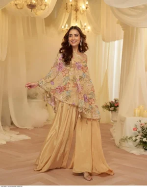 Latest Trendy Premium Viscose Natural Crepe Embroidered Printed Top with Palazzo & Blouse Set