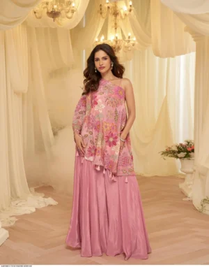 Latest Trendy Indo-Western Premium Viscose Natural Crepe Embroidered Top with Palazzo & Blouse Set